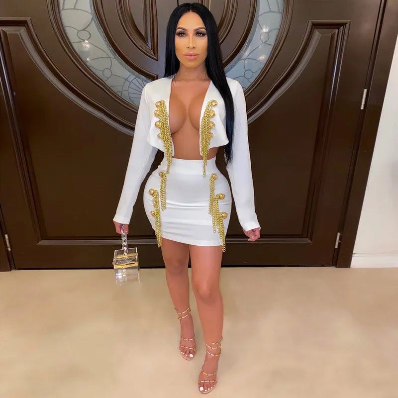 High Quality White Black Beading Long Sleeve Two Pieces Set Rayon Bandage Dress Evening Party Dress